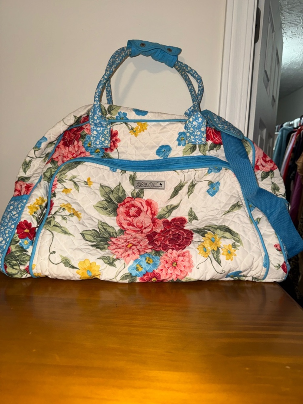The Pioneer Woman Floral Quilted Travel Bag with Blue Trim